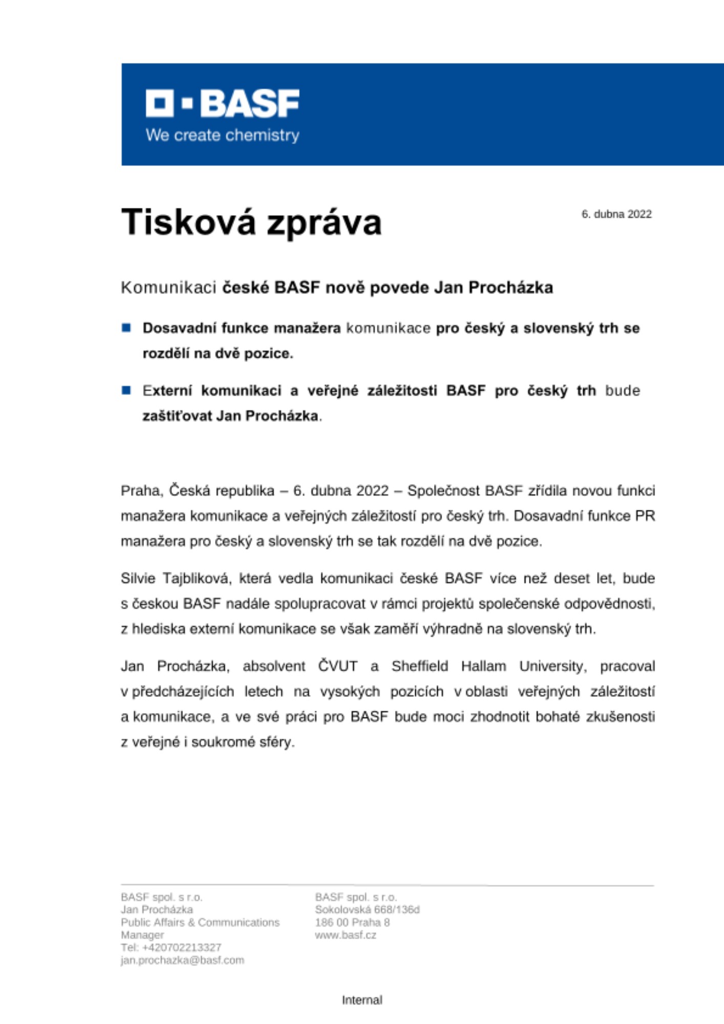 Komunikaci české BASF nově povede Jan Procházka